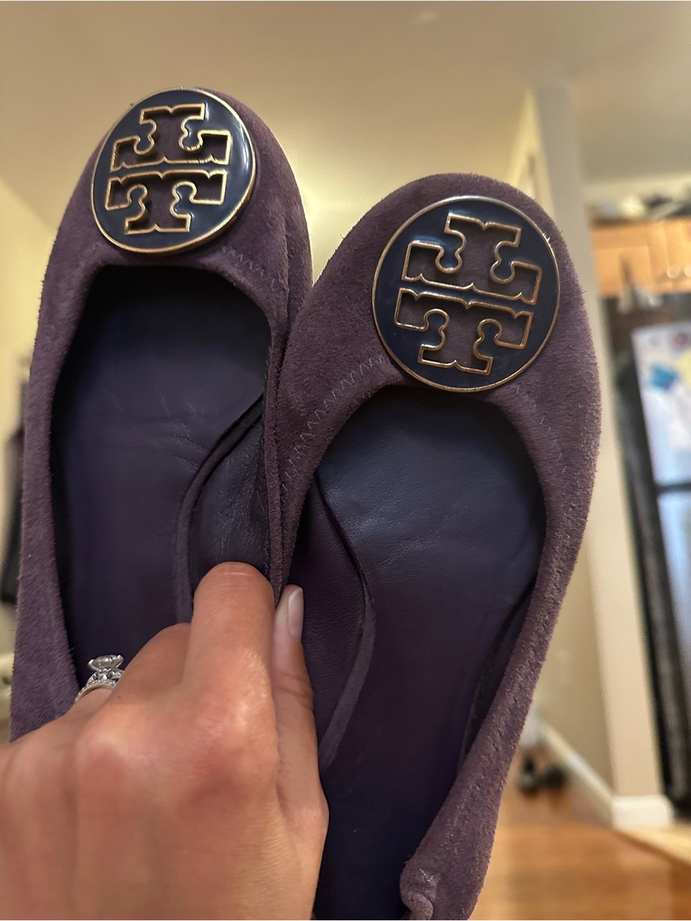 Tory Burch Plum Suede Logo Round-Toe Flats
